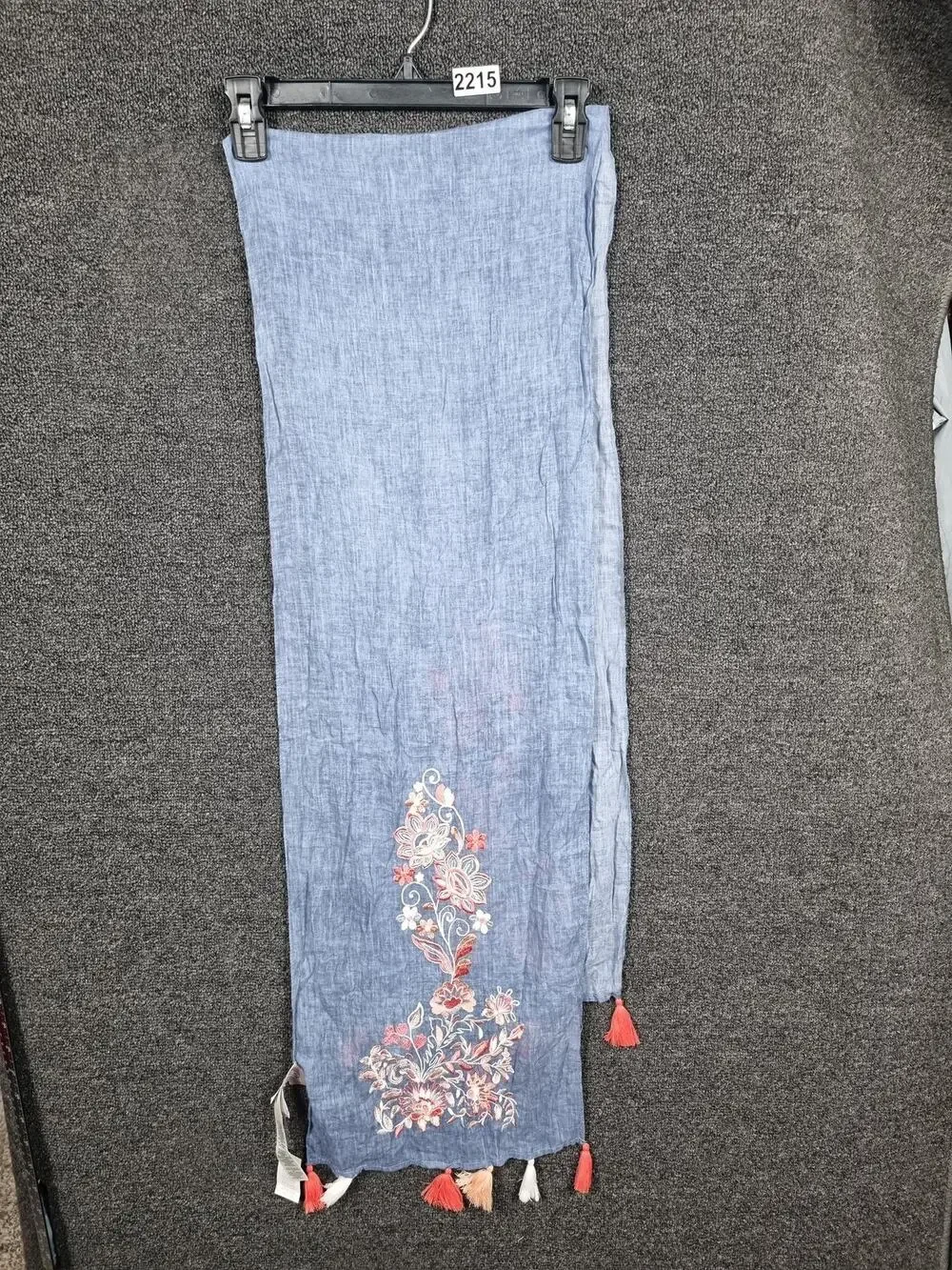 Chico's Scarf Womens One Size Blue Embroidered Beauty Oblong Cotton Tassels Boho